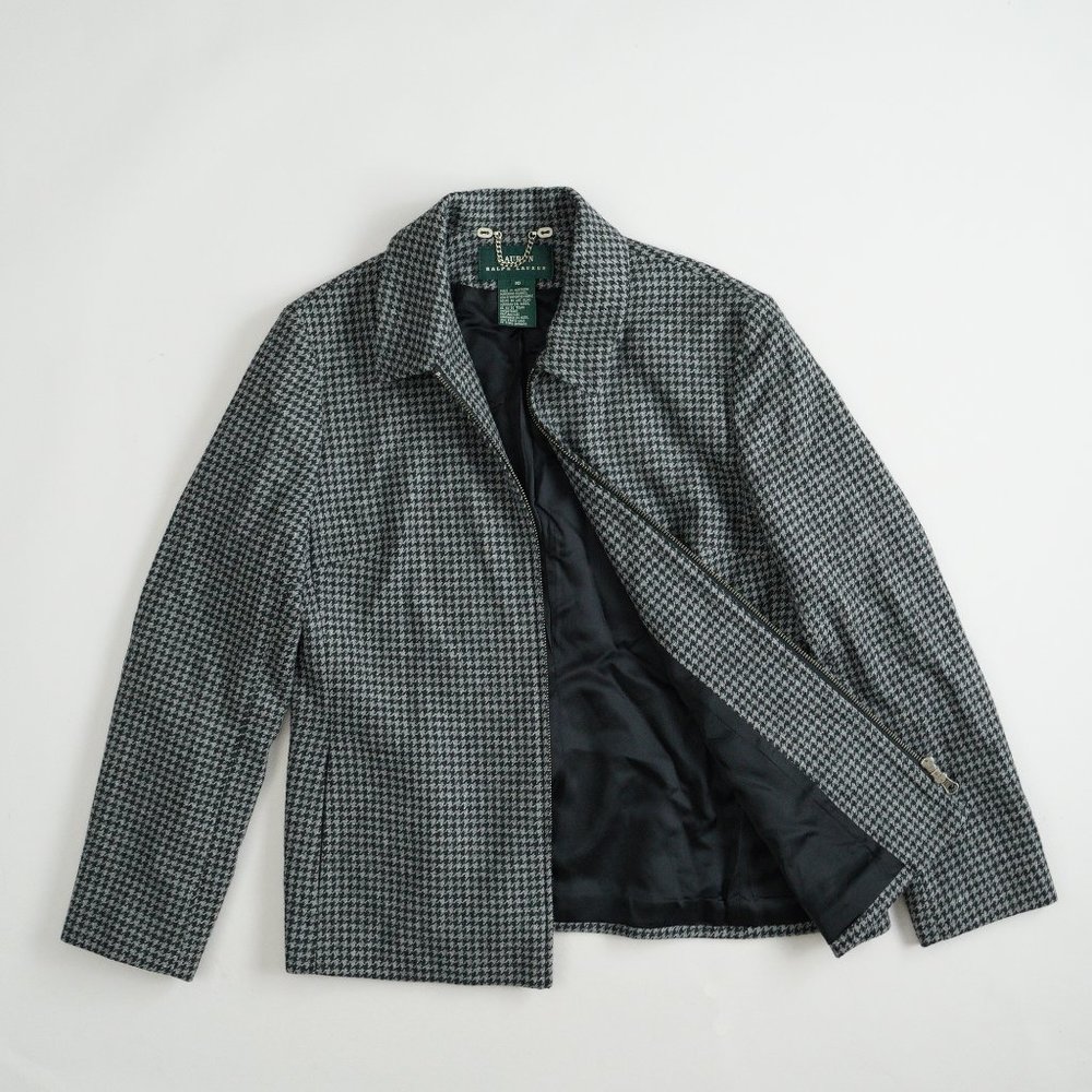 Lauren Ralph Lauren Houndstooth Check Lambswool Blazer Jacket Zip Up Women Sz 10